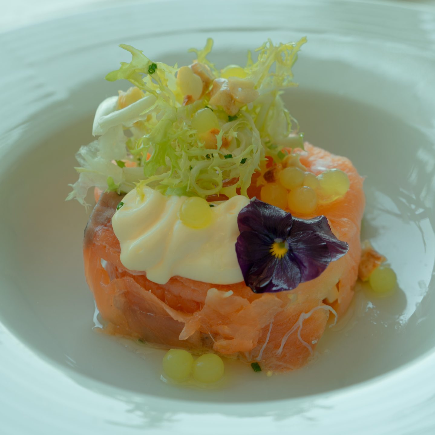 Timbal de salmón ahumado y ensaladilla con brotes verdes y vinagreta de anacardos
